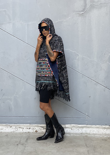 unisex metallic tweed poncho with pouch and hood