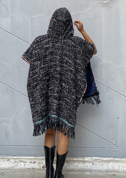 unisex metallic tweed poncho with pouch and hood